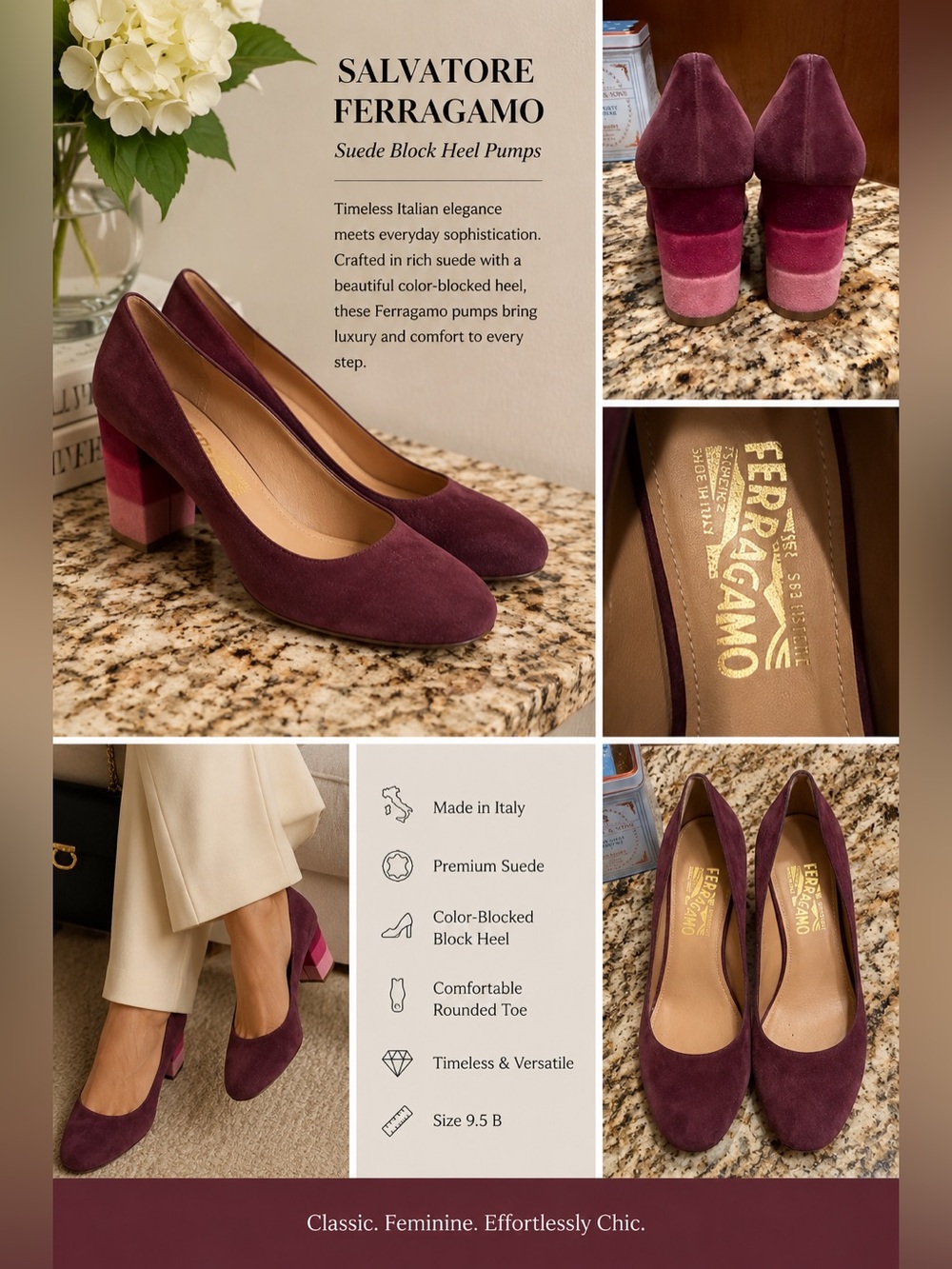 Salvatore Ferragamo Plum Suede Color-Blocked Block Heel Pumps